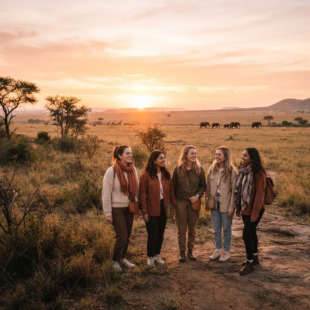 Women watching sunrise over the Southern African savanna