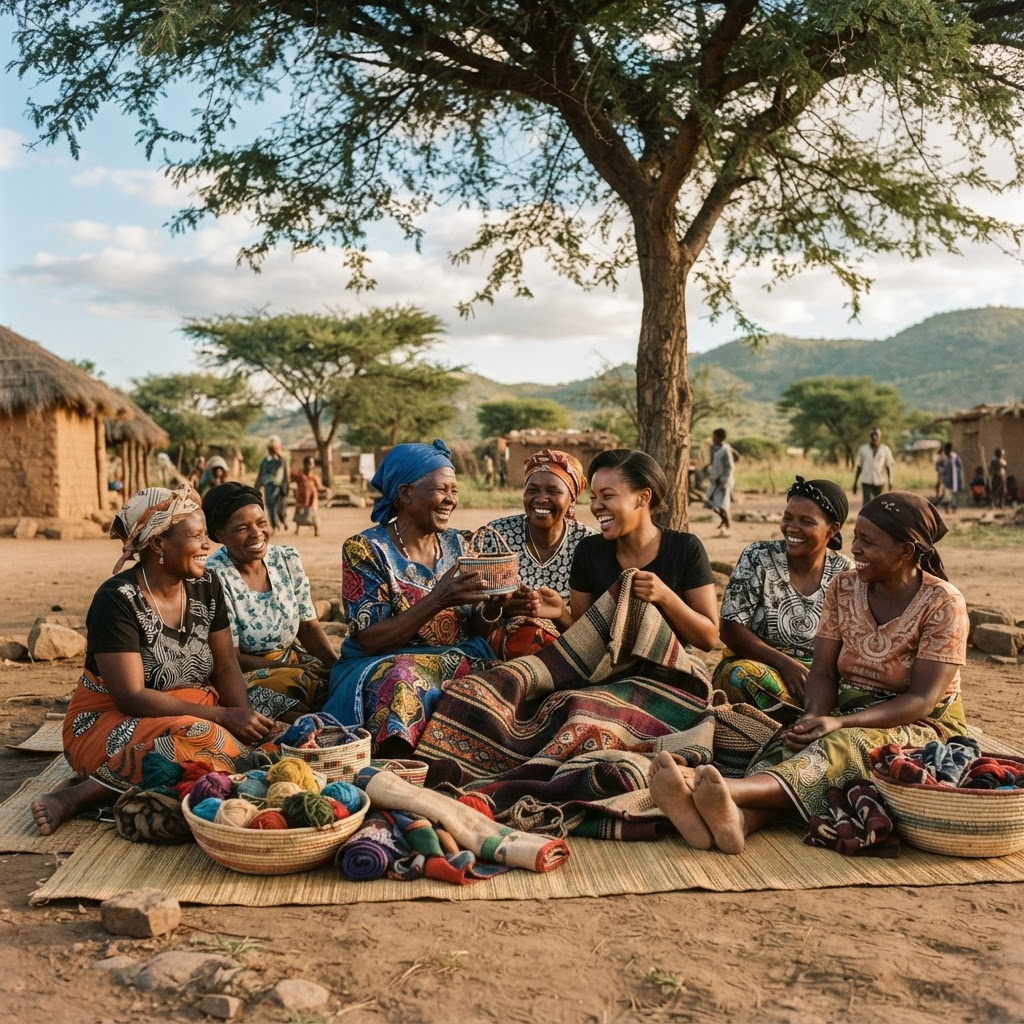 Women from a local cooperative gathered under an acacia tree