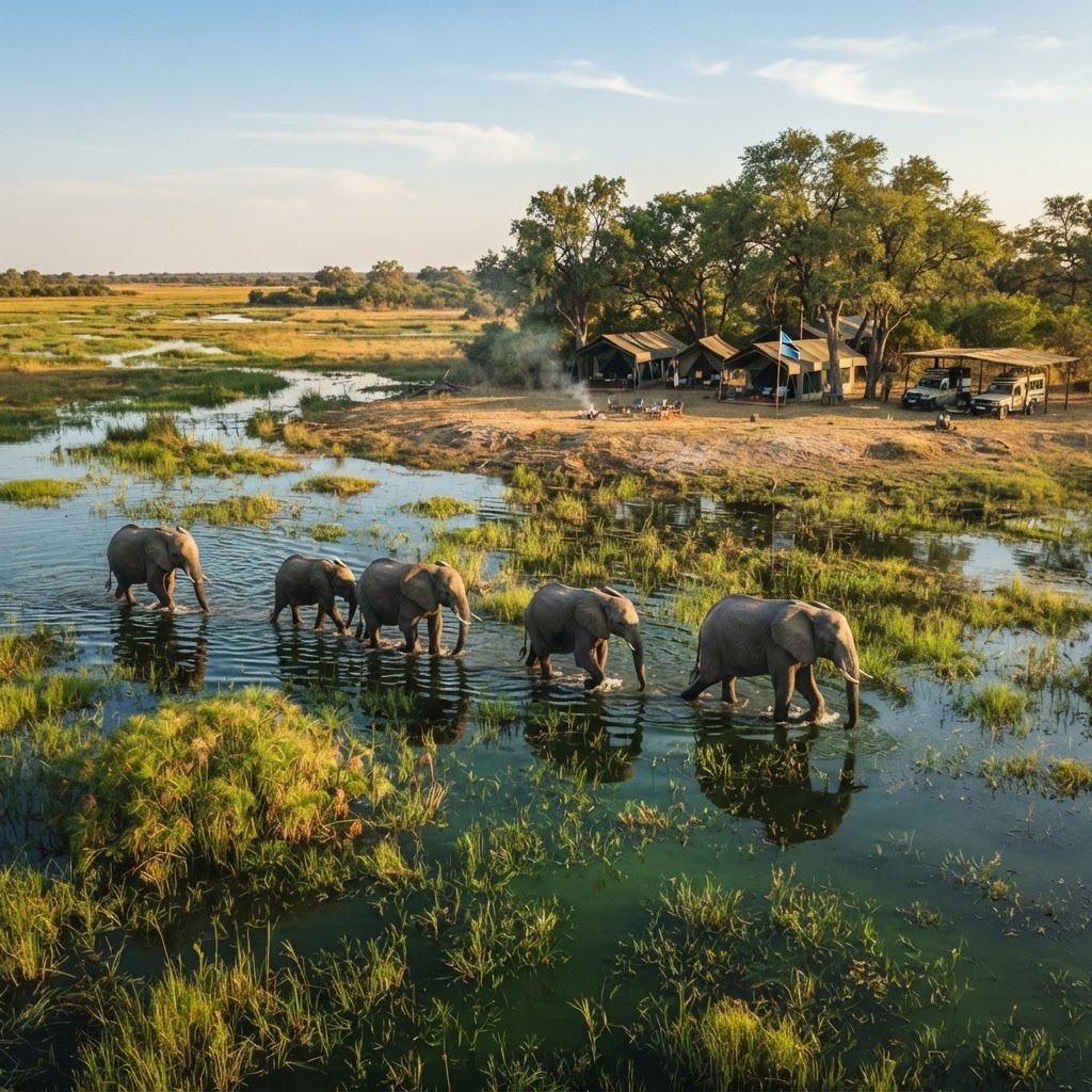 Elephants wading through the Okavango Delta
