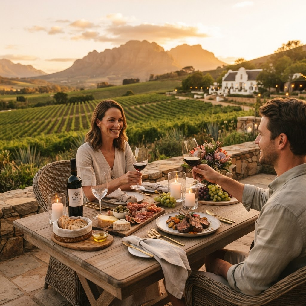 Cape winelands estate table set at golden hour