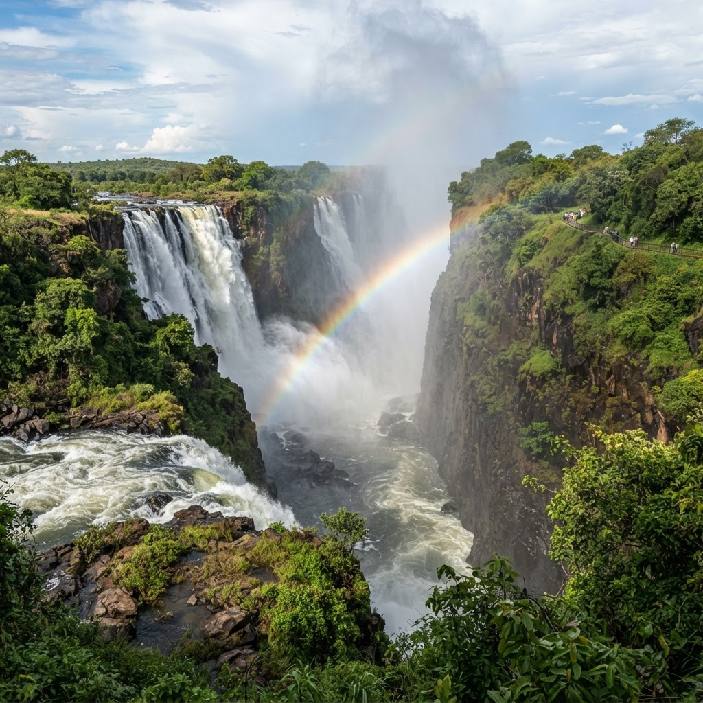 Victoria Falls with rising mist and a rainbow