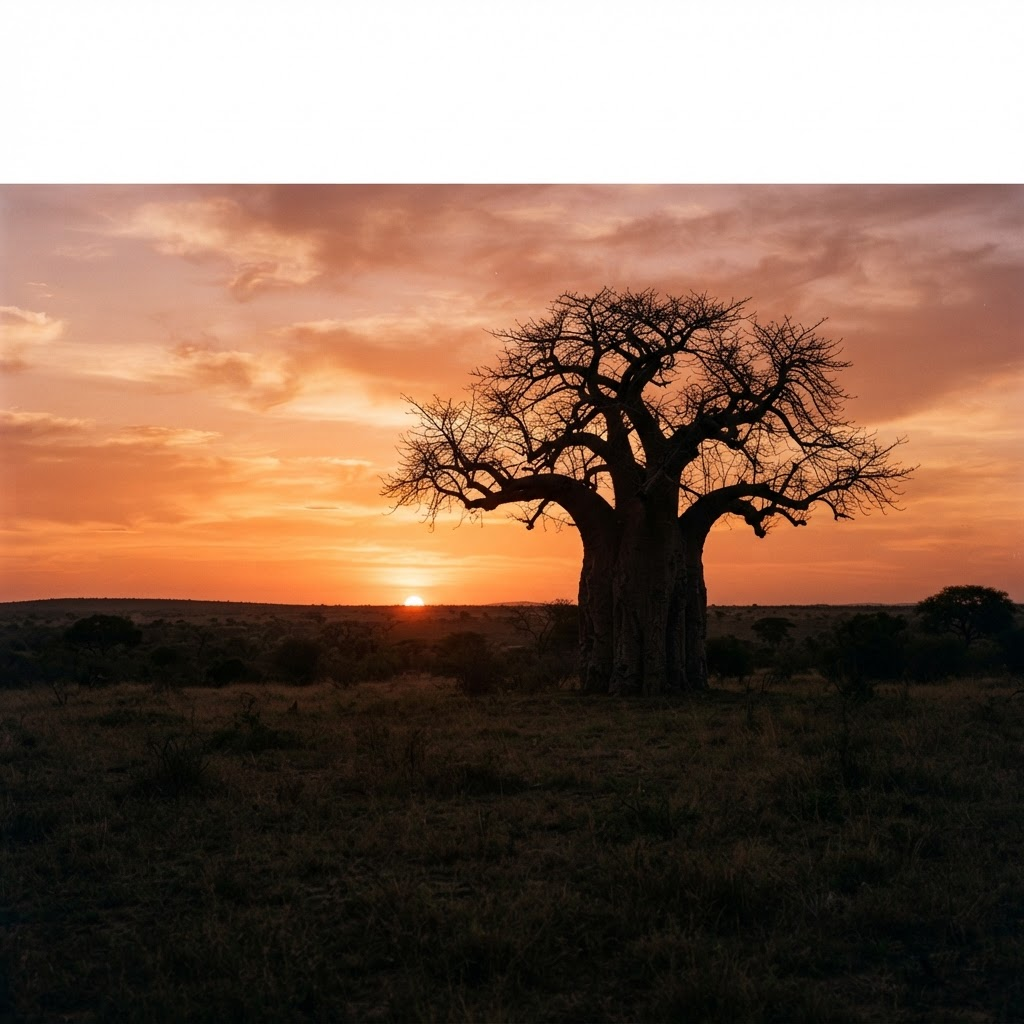 Baobab tree at sunset in Southern Africa